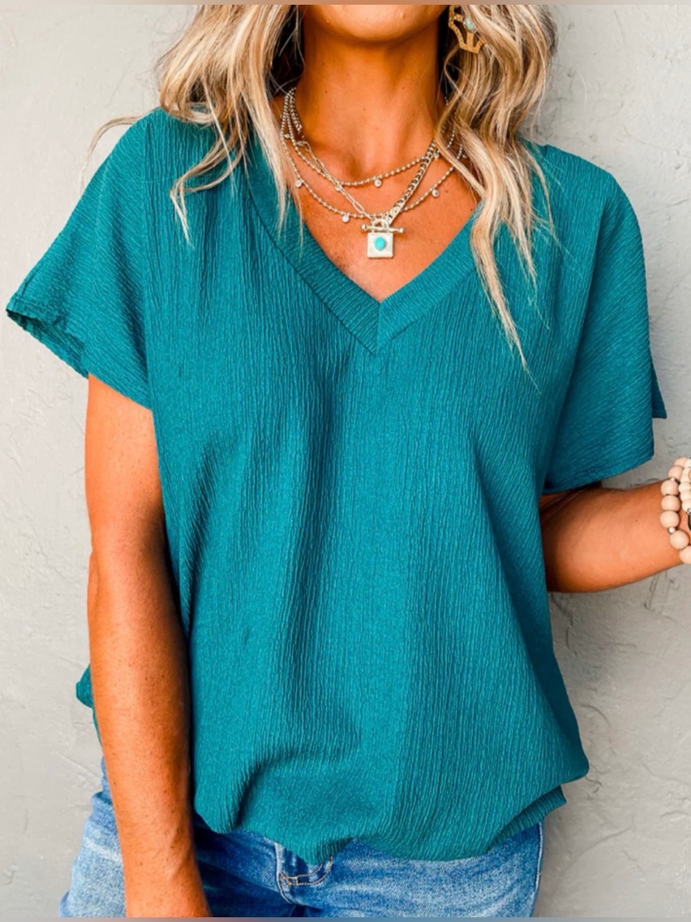 ENTRO Blue Sapphire Crinkled V Neck Wide Sleeve Top EUC